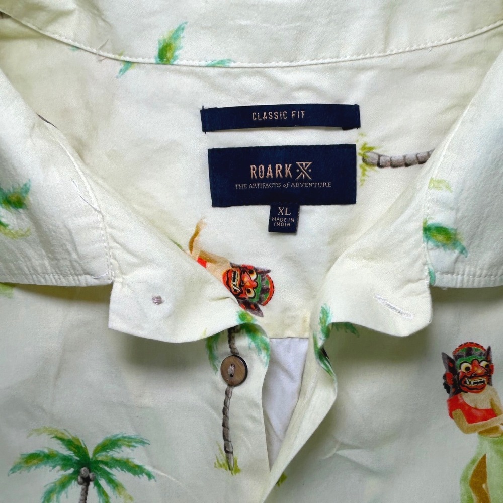 Roark Mens XL Cream Tropical Hula Mask Palm Tree Cotton Button Down Aloha Shirt - Picture 2 of 9